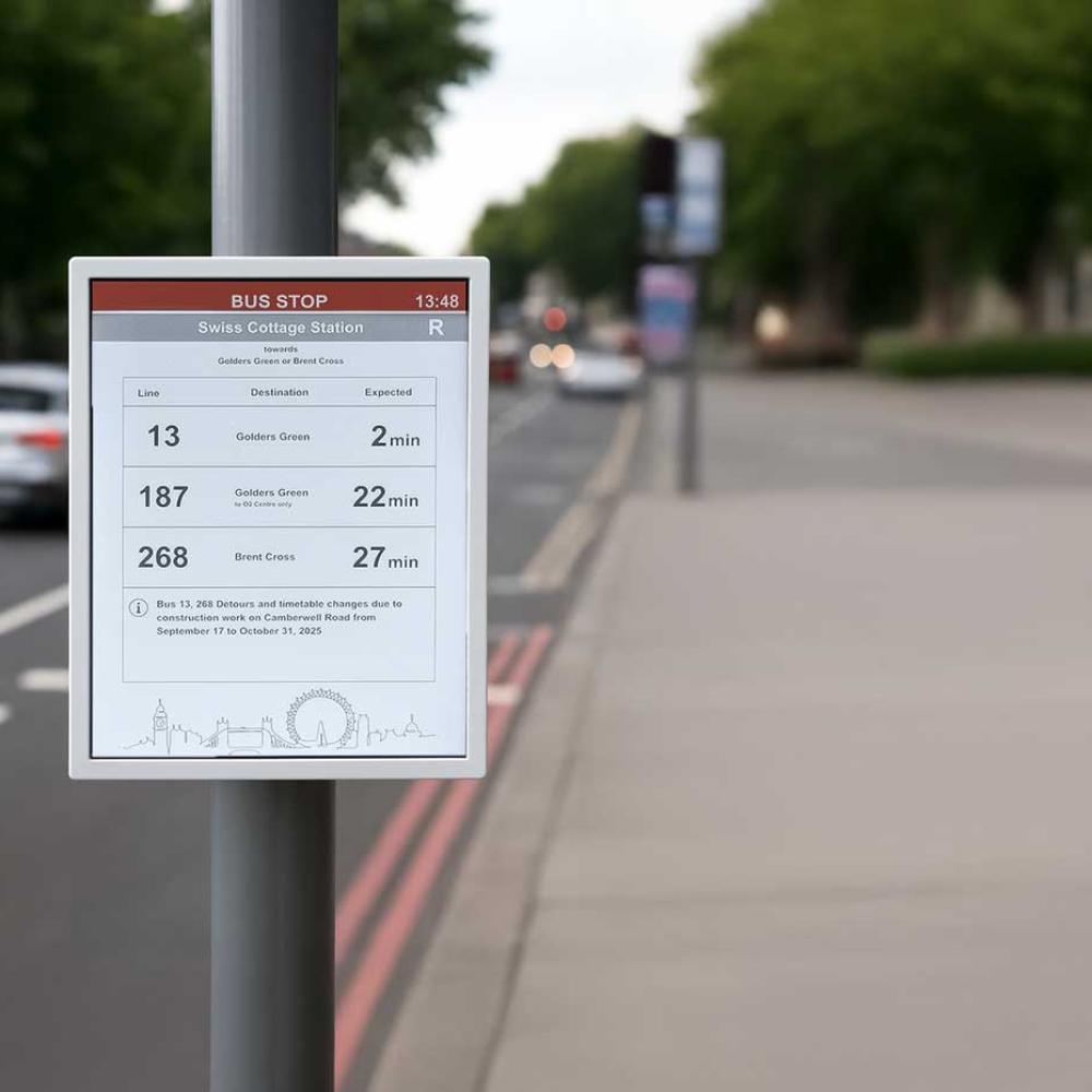 e-paper display on a bus stop totem pole